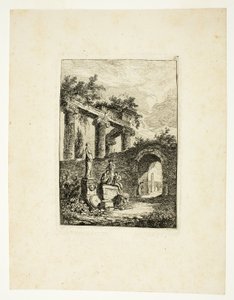 La estatua ante las ruinas, lámina tres de Les Soirées de Rome de Hubert Robert