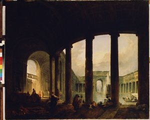 ""Una piscina rodeada por una columnata"" (Piscina rodeada por una columnata (¿Villa Giulia?)) Esta puede ser la Villa Giulia en Roma. Pintura de Hubert Robert (1733-1808) Museo del Hermitage San Petersburgo de Hubert Robert