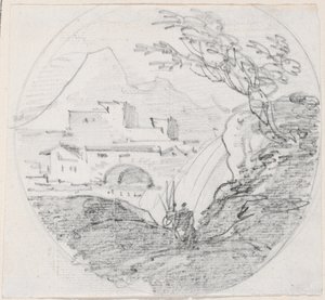 Vista desde una cresta hacia un pueblo y montaña distante de Hubert Robert