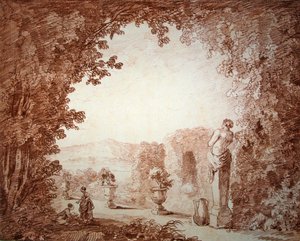 Vista de un jardín con estatuas de Hubert Robert