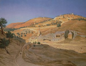 Un paisaje montañoso con árabes y un templo en ruinas de Hubert Sattler
