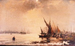 Pescadores en la Orilla en una Escena de Estuario Tranquilo al Amanecer de Hubert Thornley