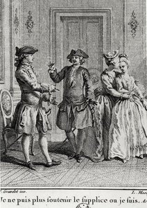 No puedo soportar más los tormentos aquí donde estoy, ilustración para Eugenie de Beaumarchais, grabado por Louis Joseph Masquelier (1741-1811) de Hubert after Gravelot