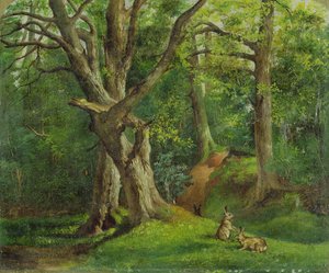 Escena del bosque con conejos, 1862