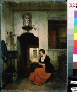 ""La brodeuse"" (La bordadora) Mujer joven haciendo labores de costura en un interior belga. Pintura de Hubertus van Hove (1814-1865) 1860 Museo de Arte Mikhail Kroshitsky, Sebastopol (Sebastopol) Ucrania de Hubertus van Hove