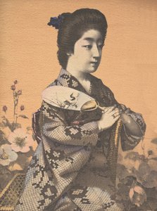 Niña llevando un abanico redondo Uchiwa, ca. 1900 de Hugechi