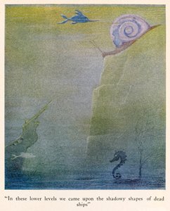 "En estos niveles inferiores nos encontramos con las formas sombrías de los barcos muertos" ilustración de Los viajes del Doctor Dolittle