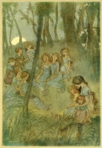 Y las hadas del prado nocturno, mira que cantas, de Las alegres comadres de Windsor, pub. 1910 de Hugh Thomson