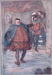 Entran Falstaff, pistola, Nym y Bardolph, ilustración de Las Alegres Comadres de Windsor, 1910 de Hugh Thomson