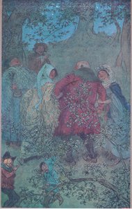 Ahora, buen Sir John, ¿cómo viven sus esposas de Windsor?, ilustración de Las Alegres Comadres de Windsor, 1910 de Hugh Thomson