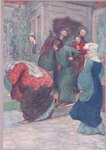 ¡Fuera de mi puerta, bruja!, ilustración de Las Alegres Comadres de Windsor, 1910
