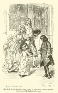 La pequeña Beatrix invitando al joven Henry a venir también, con sus padres, el Vizconde y Mi Lady Castlewood de Hugh Thomson