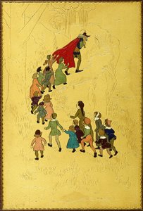 Cubierta superior, con una ilustración del Flautista seguido por niños de Hugh Thomson
