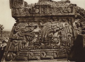 Mexico: Xochicalco, Parte de la piramide con serpiente y jeroglificos (b/w photo) de Hugo Brehme
