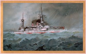 S.M.S. Linienschiff Brandenburg (escudo de armas águila roja en escudo blanco, S.M.S. Wörth = águila imperial negra en escudo dorado) de Hugo Graf