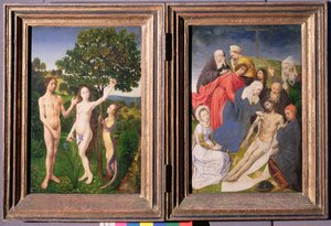 Diptychon: La caída del pecado (Adán y Eva, serpiente y manzana) y el descenso de la cruz de Jesús (después de 1479)