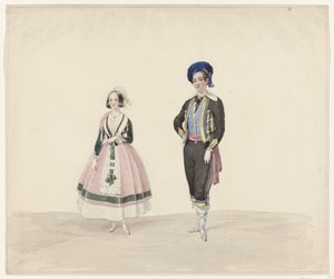 Hombre y mujer con traje histórico, 1841 Seis acuarelas de trajes históricos para el baile de disfraces de 1841 (título de la serie)