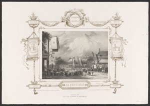 Procesión con una imprenta, 1836 Optogt van eene working Drukkerij / 15 de junio de 1836 (título sobre el objeto) Placas de la celebración del segundo centenario de la Utrechtsche Hogeschool, 1836 (título de la serie) de Huib van Hove Bz