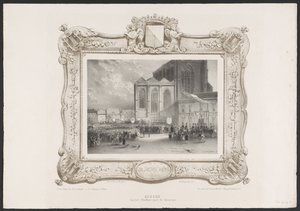 Procesión desde el Ayuntamiento hasta el edificio de la Academia, 1836 Ascensión del Ayuntamiento a la Academia (título sobre objeto) Placas de la celebración del segundo centenario de la Utrechtsche Hogeschool, 1836 (título de la serie) de Huib van Hove Bz