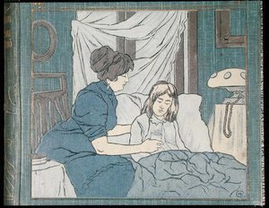 Una madre cuidando a su hija enferma, de la portada de un libro médico familiar, c.1900