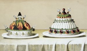 Diseño para la presentación de pollo relleno de foie gras y pechugas de faisán cocidas al estilo Berthold, ilustración de un libro de cocina húngaro sobre cocina francesa, c.1880 de Hungarian School