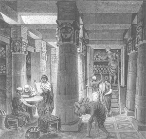 Recreación imaginaria de la Biblioteca de Ptolomeo en Alejandría, Egipto, de Histoire Generale des Peuples, 1880