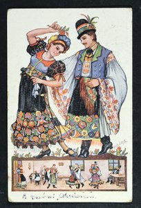 Postal que representa a una pareja húngara bailando una danza tradicional, 1943 de Hungarian School