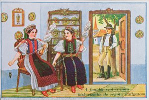 Postal que representa a mujeres en traje tradicional húngaro hilando y cantando la canción popular Canta una canción a la rana, c.1940 de Hungarian School