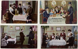 Tarjetas postales que representan a la familia judía en Rosh Hashaná de Hungarian School
