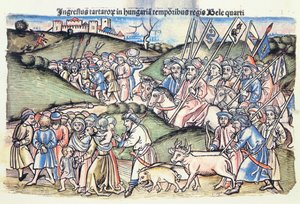 La invasión mongola de Hungría en 1241 durante el reinado de Bela IV (grabado en madera original coloreado)