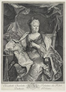 Elizabeth Charlotte Palatine du Rhin, duquesa de Orleans, grabado por Charles Louis Simmoneau de Hyacinthe Francois Rigaud