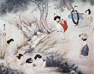 Mujeres al aire libre (baño en el río y columpio) y dos hombres observándolas, Kree - por Hye-Wol, dinastía Yi