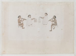 Músicos de Tahití. Cuatro tahitianos, dos vestidos de yegua tocando la flauta de nariz; dos vestidos con tiputa tocando tambores, Registrado en Joseph Banks