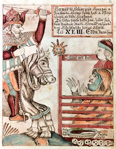 Hermod montado en Sleipnir, el famoso caballo de ocho patas de su padre, en las puertas cerradas del Reino de Hel de Icelandic School