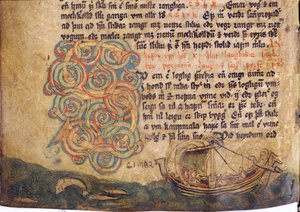 Inicial historiada S, de una copia de la colección de leyes original del siglo XIII Jonsbok