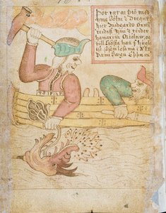 Thor atrapando a la serpiente de Midgard, de la "Edda de Melsted" (pluma y tinta y acuarela sobre papel)