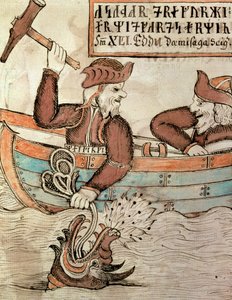 Thor pescando la serpiente de Midgard, desde el barco del gigante Hymir