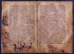 Dos páginas ilustradas de una copia de la colección de leyes original del siglo XIII Jonsbok de Icelandic School