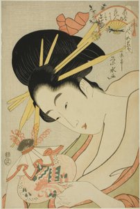 La cortesana Hanahito del Ogiya y las asistentes Sakura y Momiji, de la serie "Bellezas de los cinco festivales (Bijin gosekku)" de Ichirakutei Eisui