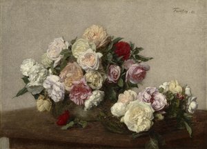 Rosas en un cuenco y plato de Ignace Henri Jean Fantin Latour