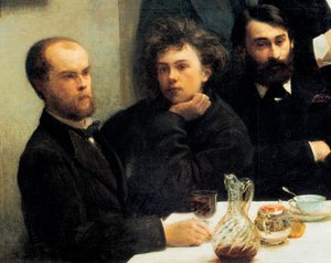 Esquina de la mesa: de izquierda a derecha: Paul Verlaine, Arthur Rimbaud, Elzear Bonnier. (Pintura, siglo XIX) de Ignace Henri Jean Fantin Latour