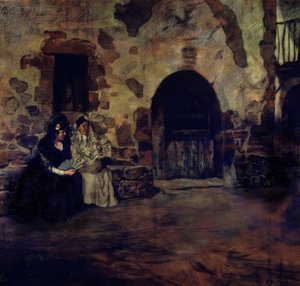 Dos mujeres con mantilla y abanico en la puerta de un caserío – siglo XX