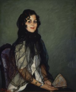 Angustias de blanco con mantilla negra y abanico de Ignacio Zuloaga y Zabaleta