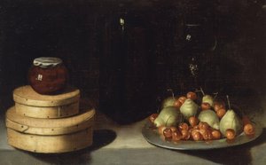 Bodegón (bandeja con cerezas y peras, cajas y frasco de miel) (siglo XX) de Ignacio Zuloaga y Zabaleta
