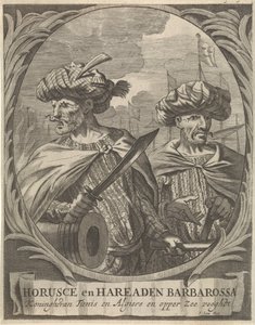 Retratos de Horusce y Hareaden Barbarossa, piratas de Berbería Horusce y Hareaden Barbarroja, Rey de Túnez y Argel y Guardián del Mar Superior (título sobre el objeto) de Ignatius Lux