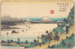 Lago Suwa desde el paso Shiojiri, ca. 1835