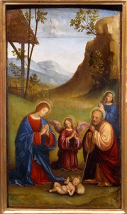 Adoración del niño. San José, la Virgen María y un ángel rezan alrededor del recién nacido Cristo de Il  Francia