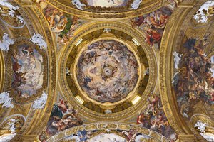 Paraíso alabando a Jesús y las pechinas con Profetas, Evangelistas y Doctores de la Iglesia
