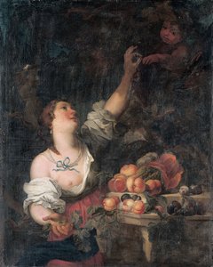 Una mujer recogiendo uvas y un putto junto a un pedestal clásico adornado con frutas de Il Borgognone
