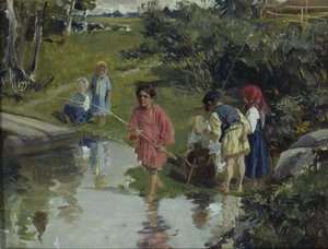 Niños pescando, 1882 de Illarion Mikhailovich Pryanishnikov